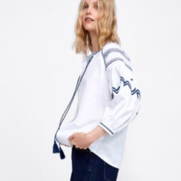 Zara Size Small Boho Blouse w/ Blue Embroidery & Tassel Detail - Picture 2 of 13